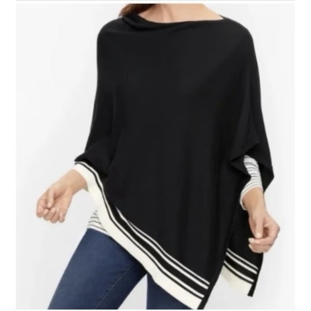 Talbots Black White Asymmetric Knit Poncho Womens M/L Modern Classic Fall Layer